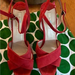 Boden Cherry-Red suede high heels with carry bag size 10